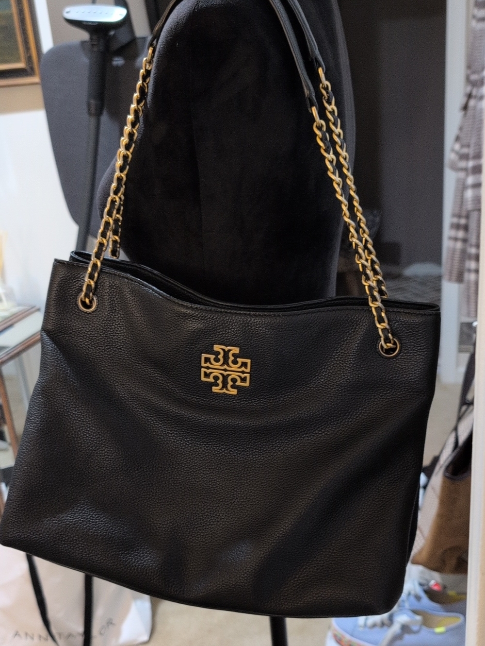 Tory Burch Classic Black Leather Shoulder Bag with Gold Chain Straps
